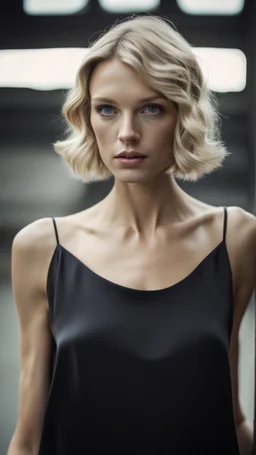 photography of a beautiful anorexic woman, silver satin neckholder top, sports illustrated, blond short wavy bob haircut, pronounced sternum