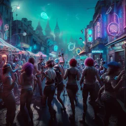 Ultra Realistic photo, medium shot view, drunken women, carnival scene, futuristic steampunk. hair monster, Sunglasses, smoking, happy, hot. Cabaret background, highly detailed, concept art, unreal engine 5, ray tracing, RTX, lumen lighting, ultra detail, volumetric lighting, 3d, finely drawn, high definition, high resolution.