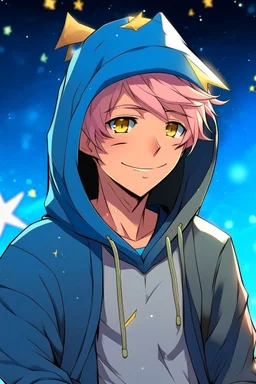 A young man with tousled pink hair and golden eyes floating among the stars wearing a light blue hoodie and black board shorts. He is smiling softly and holding a star in one hand. Anime.