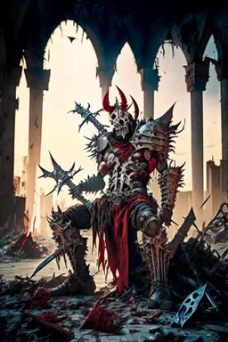 metal maden male chaos warrior of khorne in armor is holding a great sword in a ruined post-apocalyptic city, sci-fi, fantasy, horror, skulls on the ground, blood, Tornado, Roman, Empty chairs,Tangled roots,Key, Warped,Mangled,Ethereal, (Isolation:1.1), (Glaze:1.1), (Reflected light:1.2), Glass, Polygon, ultra detailed, intricate, oil on canvas, dry brush, (surrealism:1.1), (disturbing:1.1), trending on artstation, sharp focus, studio photo, intricate details, highly detailed, by greg rutkowski,