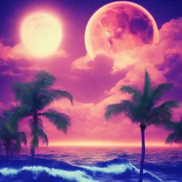 1980's vaporwave aesthetic palm trees with lightning with lunar eclipse in the ocean waves sunset