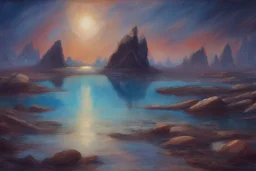 rocks, lagoon, space, very epic, concept art, new age influence, cosmic and philosophic influence, trscendent, jenny montigny anna boch impressionism painting