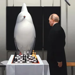 Putin, President Xi Of China And Joe Biden Play Chess With A Pigeon,Ufo And Atomic Bomb Mushroom Cloud,Complex Surgical Instruments Intermixed With A Newborn Boy,Minimalism,Painting By Adrian Ghenie,Rene Magritte,Pablo Picasso,Michelangelo,Salvador Dali,Lucian Freud