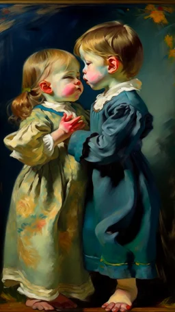 Side profile of a baby girl with her aspirations behind her standing . Holding her brother hugging with love and romance,Opulent Van Gohn style painting, Busch painting style nightmare