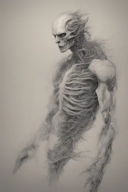 A creature half human half machine Busch painting style thine line draw