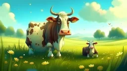 Fantasy digital illustration: older and a little bit sad cow in the meadow