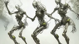 Digital artwork featuring a group of humanoid figures composed entirely of intricate, vine-like metallic structures. These figures are presented against a background of intricate, misty vegetation, creating a surreal and ethereal atmosphere. The figures are posed in various subgroups, their limbs intertwined, suggesting movement or interaction. The metallic vines form complex patterns that mimic the musculature and anatomy of the human body. The overall composition is asymmetrical. The absence o