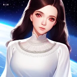 stunning half-body-portrait photo of princess leia from Star Wars played by Carrie Fisher, wlop, artgerm, akihiko yoshida, and liang xing, detailed face, doe eyes, intricate hair style, symmetrical eyes, trending on artstation, highly detailed, white dress, dynamic pose, intricate outfit, space ship and galaxy background