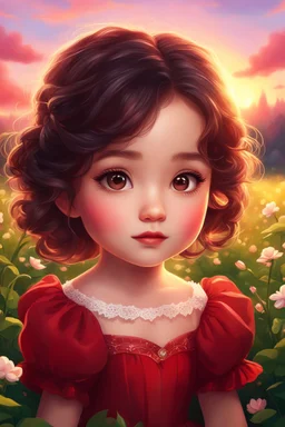 Digital painting of a cute little girl in a gorgeous red puffy sleeve dress, close-up face, cute chibi face, dark wavy hair, glowing eyes, rosy cheeks, red lips, sunset, back light, clover field in the background, Disney art, digital painting style, High Quality, 4k