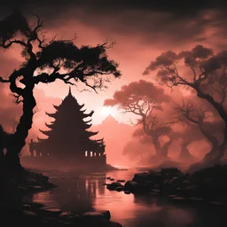 black and white dark black theme version temple trees and river
