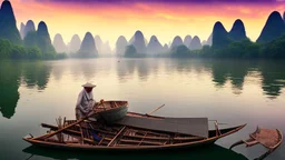 Old fisherman at guilin china on morning sunrise