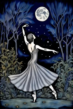 alcohol pen and ink stunning detalied surreal image where a dancer's dress transforms into a silver and moonlight capturing the elegance and etheraly of dance, the background is a cracked , ruined nightly garden with plants siluettes, and little fireflies, dark night, full shiny moon, stunning, masterpeace