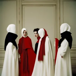 no face A fashion photography of a group wearing traditional Middle Eastern , no face in a white studio with a red scarf around the head and a long skirt, posing for Vogue magazine in the style of James Bidgood photographed in the style of Tim Walker. --ar 101:128 --v 6. 0