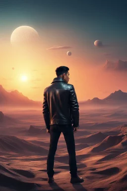 Clean cut asian man in a leather jacket on a strange planet looking at the sunset