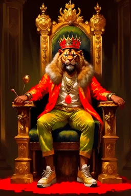 full body king, gold throne, sunglasses, culturist pose, big biceps, king crown, lion coat, oil paint, one lion, one goat
