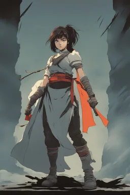 Original anime Japanese female kungfu warrior main character . Studio ghibli style mixed with Frank Frazetta. Mobius style background. Iconic character design. Dynamic silhouette . Unique features. Make the eyes the focal point. Dystopian sci-fi . Stone cold killer. Brilliant use of color theory and cinematic lighting.