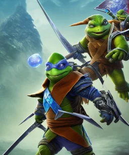 Teenage Ninja Turtle leonardo, fierce pose, holding sword, blue fabric eyeband full body close up, soft light atmosphere, light effect，vaporwave colorful, concept art, smooth, extremely sharp detail, finely tuned detail, ultra high definition, 8 k, unreal engine 5, ultra sharp focus