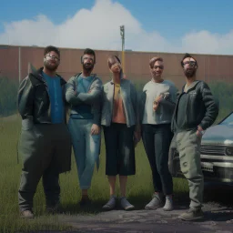 people posing in front of factory Simon Stalenhag style