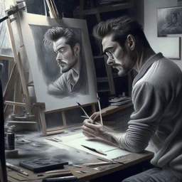 man in a art studio, realistic drawing