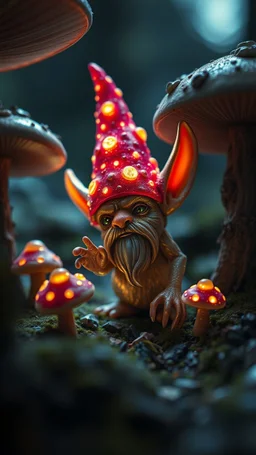 airbrush and pen outline, between mushrooms a glittering Deep Gnome (Svirfneblin) gremlin, goa psy ambient in the style of vangelis and fsol, source vibrations, bokeh like f/0.8, tilt-shift lens 8k, high detail, smooth render, down-light, unreal engine, prize winning