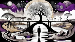 inner world with uncontrolled mind and soul, in midle a big alone human figure stands with a big map on thin bridge, weird whimsical landscape, forest, and Sahara water and rocks,, around surreal cracked painted weird land with some black doors. dark purple, gray, black, white, brown. Whimsical style of Chagall , of Minjae Lee and René Magritte, lonely face with absurd beauty. broken, weird bizarre absurd nightmare, labirynth, dark vision, neuron network background, surreal vibe