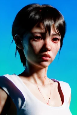 Ultra Realistic image, 25 years old brunette woman, Madrid, portrait, small stature, small chest, yakuza body tattoo, white broken cotton short undershirt, black latex short, akira anime style, night Tokio background, vibrant color, highly detailed, art stations, concept art, smooth, unreal engine 5, god rays, ray tracing, RTX, lumen lighting, ultra detail, volumetric lighting.