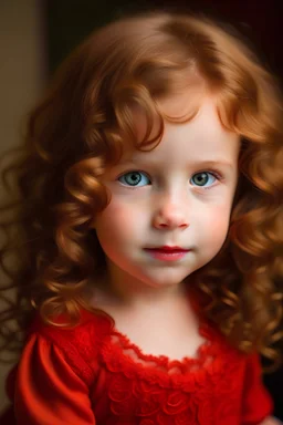 طفلة صغيرة عيونها ملامحها ناعمة و جميلة ترتدي فستان احمر ولديها شعر كيرلي بني رائعة