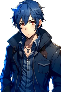 dark blue haired anime boy in a leather jacket