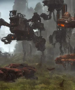 Large rusty destroyed mechwarrior inside a futuristic ancient ruin with plants and animals