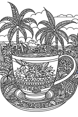 Outline art for coloring page, GROOVY HIPPIE-STYLE TEACUP SET BEACH PALM TREES, coloring page, white background, Sketch style, only use outline, clean line art, white background, no shadows, no shading, no color, clear