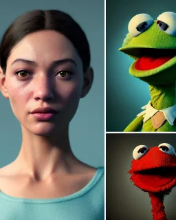 Realistic image, hybrid sexy woman and muppet Sesame Street head, portrait, concept art, smooth, unreal engine 5, god lights, ray tracing, RTX, lumen lighting, ultra detail, volumetric lighting, 3d, finely drawn, high definition, 4k.