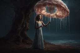 Full Body Shot Of A Young, Slim Woman Covered In rags, standing under a tree, holding an umbrella made from a jellyfish, a glowing ball in her hand, photorealistic, Detailed Matte Painting, Deep Colour, Fantastical, Intricate Detail,