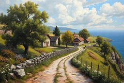 Perfectionist cool stylized art,detail painting, sea edge old village, small trees, fields, flowers, stones, enigma, roads, simplicity Rural symphony, inspiration's By Igor Dubovoy, Jim Warren,Pino Daeni, Karol Bak, Ivan shiskin