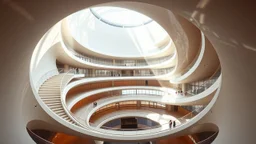 A revolutionary cylindrical building with a helicoid surface wrapping around the structure. The helicoidal ramp provides access to each floor, while the smooth curvature of the helicoid reflects light at different angles, creating a shimmering, dynamic effect. The building’s central core is open, allowing natural light to flood the entire interior. Award-winning photograph.