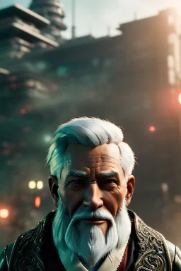 Old man Cyborg anime warrior, grey hair, trimmed grey goatee, brown eyes, waist up portrait, 4k resolution, intricate details, ornate details, soft lighting, vibrant colors, retroanime, futuristic cityscape background