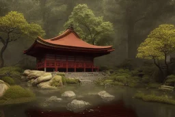 a ancient japanese temple in the middle of a forest mear a small river, extremely highly detailed, high quality, 8k hdr, octane render, unreal engine 5, hyperrealistic, concept art, trending on artstation, dramatic lighting, cinematic, high coherence, path tracing, ruins, clouds in the sky, singular building, centered