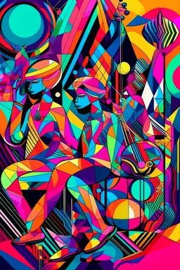 psychedelic jazz musicians with geometrical patterns and neon colors