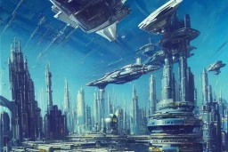 A Spaceship is taking off from a buzzing Space port on a heavy industrialized planet with a futuristic city in the background, retrofuturistic, art by John Berkey, buildings with glass facades, brutalist architecture, insanely detailed, vibrant, 8k uhd, cinematic atmosphere, ultra-wide angle, street level view, brush strokes, blue sky with clouds, dramatic sunset, sharp focus