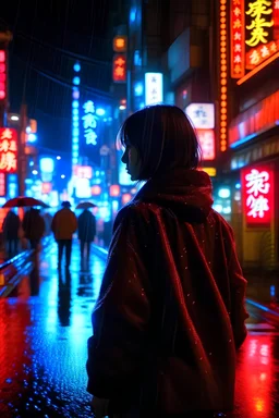 Mikasa in tokyo rainy night with neon lights from her back point of view