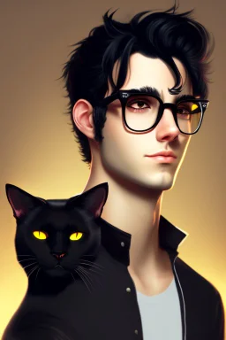 A young adult man with messy black hair and black cat ears, golden eyes, glasses.