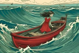 in the sea - a boat with red winds and a beautiful girl on the shore
