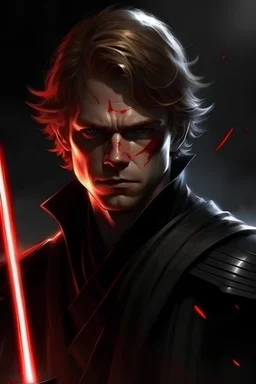 Dark Anakin in white shirt and black leather armor, red lightning