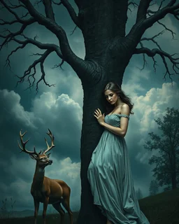Bosch painting style, nightmare , a beautiful woman tided to a tree , And a deer is watching her sadly, great quality picture with cinematic scenes , heavy clouds in the background