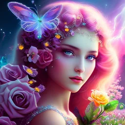 flowery landscape with a bright beautiful fairy portrait, soft pastel colors, soft lightning