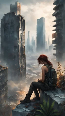 A girl sitting on top of a wall in an apocalyptic world, with broken skyscrapers, wild plants, and rusty vehicles