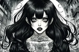 create a horror manga illustration of a dark haired, savage, gothpunk vampire girl with highly detailed , sharply defined feminine facial features, in a chaotic, turbulent, otherworldly London in the manga style of Junji Ito, precisely drawn, inked, with dramatic edges,