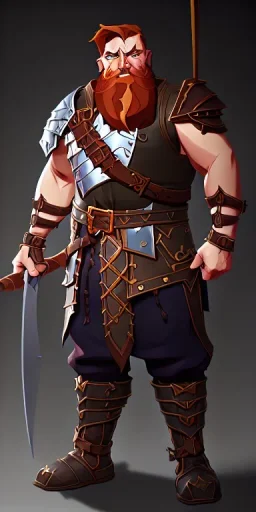 A high detail, high definition dungeons and dragons character design of a short dwarf male warrior who has a strong build, a thick ginger beard, long ginger hair, and wearing metal plated armor with pauldrons