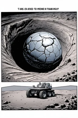 High-altitude lunar reconnaissance satellite image of a young impact crater with larger regolith along right ride. A damaged metallic alien sphere with fracture lines like an egg. organic growth across regolith and up crater walls. Along the lower frame edge a small modern bare-bones lunar-vehicle sits near the rim with visible wheel tracks. comic page pencils