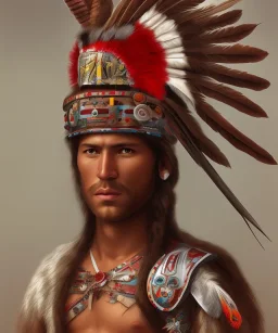 Guaicaipuro, native south american face, Muscular warrior, three red feathers headdress, holding spear