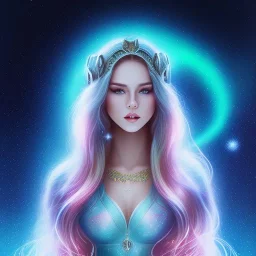 beautiful woman with long hair and smile look the stars and northern aurora blue turquoise lights, blue, pink,